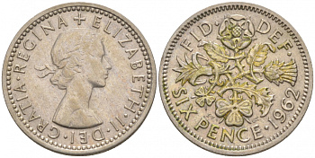 Великобритания 6 пенсов 1962 Елизавета II (1952-2022) KM 903, Spink 4149 медно-никель 3955-1212