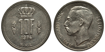 Люксембург 10 франков 1974 Великий герцог Жан (1964-2000) KM 57 никель 4536-534