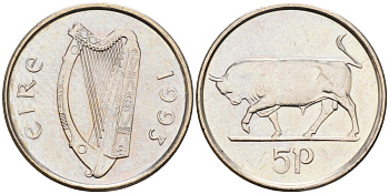 Ирландия 5 пенсов 1993 бык KM 28 медно-никель UNC 4580-936