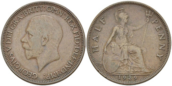 Великобритания 1/2 пенни 1929 Георг V (1910-1936) KM 837, Spink 4058 бронза 4513-632