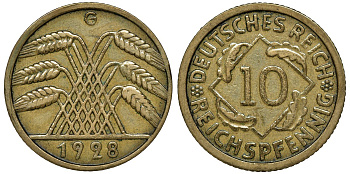 ГЕРМАНИЯ 10 РЕЙХСПФЕННИГОВ 1928 G, САМАЯ РЕДКАЯ БУКВА, ВЕЙМАРСКАЯ РЕСПУБЛИКА, ЦЕНА МТ 200 ЕВРО, Weege 9, J. 317, KM 40 алюминиевая бронза 72-1556
