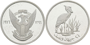 Судан 2 1/2 фунта 1976 АН1396, серия защита окружающей среды, китоглавый аист, тираж 5590 экз. KM 70 серебро PROOF 1098-3-61