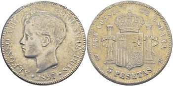 ИСПАНИЯ 5 ПЕСЕТ 1897 КОПИЯ ВЕС 20 ГР. белый металл 4537-1023