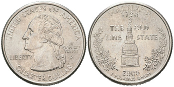 США 25 центов = квотер = 1/4 доллара 2000 P, квотер штата Мэриленд KM 306 медь плакированная медно-никелем UNC 183-215