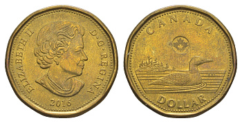 Канада 1 доллар 2016 Leaf, Елизавета II (1952-2022), утка KM 1255 сталь плакированная латунью 4637-1014