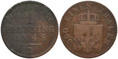 Пруссия 1 пфенниг 1848 D, Фридрих Вильгельм IV (1840-1861) KM 451 медь 4549-452