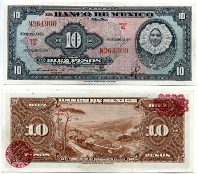 Мексика 10 песо 1959 20 мая 1959, серия IQ Pick 58g бумага UNC (пресс) 7148-31-2-2