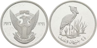 Судан 2 1/2 фунта 1976 АН1396, серия защита окружающей среды, китоглавый аист, тираж 5590 экз. KM 70 серебро PROOF 1098-3-61
