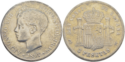 ИСПАНИЯ 5 ПЕСЕТ 1897 КОПИЯ ВЕС 20 ГР. белый металл 4537-1023