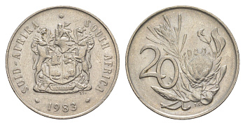 ЮАР 20 центов 1983 герб, цветок протея KM 86 никель 4601-546