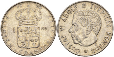 Швеция 1 крона 1966 U, Густав VI Адольф (1950-1973) KM 826 серебро 4150-212