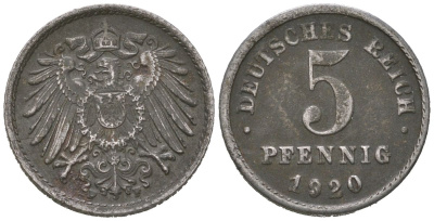 Германия 5 пфеннигов 1920 F KM 19, J. 297 железоо 4613-118