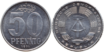 ГДР 50 пфеннигов 1971 A KM 12.2 алюминий UNC 76-1123