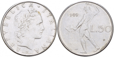 ИТАЛИЯ 50 ЛИР 1989 R, КУЗНЕЦ, ВУЛКАН БОГ ОГНЯ, ДИАМЕТР 25 ММ. KM 95.1 нержавеющая сталь 93-1132