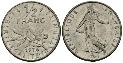 Франция 1/2 франка 1976 сеятель KM 931 никель 4135-711