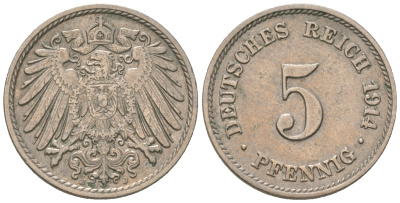 Германия 5 пфеннигов 1914 J, KM 11, J. 12 медно-никель 4164-659