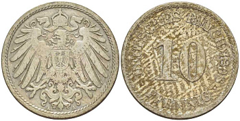 ГЕРМАНИЯ 10 ПФЕННИГОВ 1898 A KM 12, J. 13, Weege 8 медно-никель 261-1315