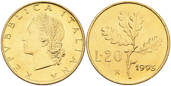 Италия 20 лир 1995 R, дубовый лист KM 97.2 алюминиевая бронза  UNC  4594-946