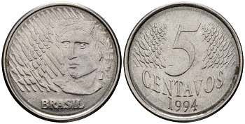 Бразилия 5 сентаво 1997 реформа 1994-, голова свободы влево KM 632 нержавеющая сталь 217-1146