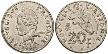 Французская Новая Каледония 20 франков 1990 три быка, (IEOM) KM 12, Schoen 14, Lec 113 никель 4131-125