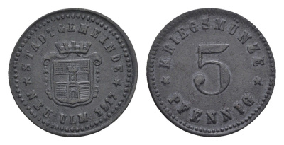 Ной-Ульм 5 пфеннигов 1917 Funck 378.1, Men18 23462.1 цинк 4516-116