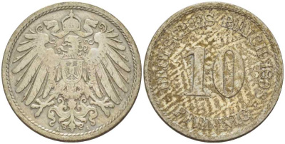 ГЕРМАНИЯ 10 ПФЕННИГОВ 1898 A KM 12, J. 13, Weege 8 медно-никель 261-1315