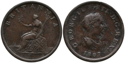 Великобритания 1/2 пенни 1807 Георг III (1760-1820) KM 662, Spink 3781 медь 1518-711