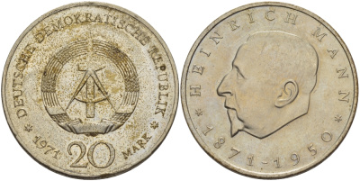 ГДР 20 марок 1971 А, 100 лет со дня рождения Генриха Манна (1871-1950) KM 33, J. 1531 медно-никель 82-1116