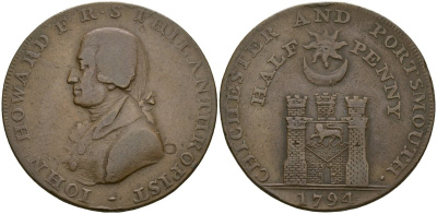 Великобритания, Хэмпшир 1/2 пенни 1794 Портсмут, Джон Говард, токены Кондера Dalton & Hamer 55, Atkins 34 медь 1529-1144