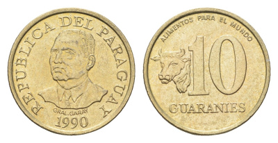 Парагвай 10 гуарани 1990 год-тип KM 178 никель латунь UNC 4668-968