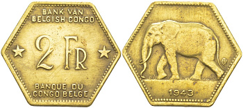 Бельгийское Конго 2 франка 1943 слон, шестиугольная, год тип KM 25 латунь 4541-942