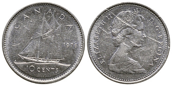 Канада 10 центов 1976 Елизавета II (1952-2022), парусник KM 77.1 никель никель 3999-1159