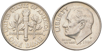 США 10 центов (дайм) 2004 P, Рузвельт KM 195a медь плакированная медно-никелем UNC 4613-828