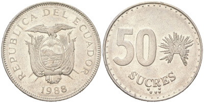 Эквадор 50 сукре 1988 KM 93 сталь плакированная никелем 4364-1022