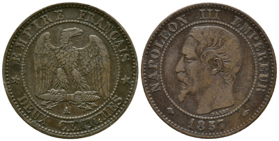 ФРАНЦИЯ 2 САНТИМА 1857 А, НАПОЛЕОН III KM 776.1 бронза 34-1154