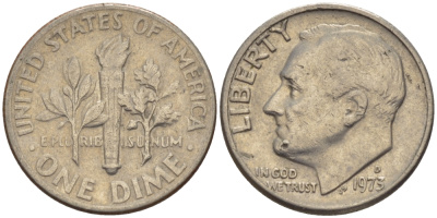 США 10 ЦЕНТОВ = 1 ДАЙМ 1973 D, РУЗВЕЛЬТ KM 195а медь плакированная медно-никелем 66-1116