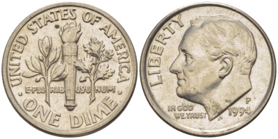 США 10 ЦЕНТОВ = 1 ДАЙМ 1994 P, РУЗВЕЛЬТ KM 195а медь плакированная медно-никелем 66-1126