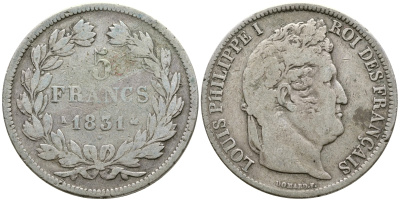 Франция 5 франков 1831 K, Луи Филипп I (1830-1848) KM 745.7 серебро 1066-5-21