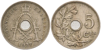 БЕЛЬГИЯ 5 САНТИМОВ 1927 BELGIE KM 67 медно-никель 187-958