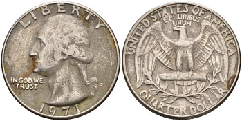 США 25 центов (квотер) 1971 D, Вашингтон KM 164a медь плакированная медно-никелем 4584-1013