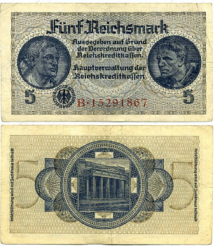 ГЕРМАНИЯ 5 РЕЙХСМАРОК 1940-1945 ДЛЯ ОККУПИРОВАННЫХ ТЕРРИТОРИЙ Pick R138b бумага 3295-89-2-2