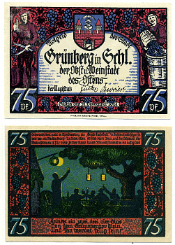 ГРЮНБЕРГ 75 ПФЕННИГОВ 1921 31 ДЕКАБРЯ 1921, НОТГЕЛЬД, НОМЕР I (TRINKEN EIN), ЗЕМЛЯ ГЕССЕН Grabowski 489.3 бумага 2193-14-2-2