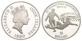 Острова Кука 50 долларов 1990 Чемпионат мира по футболу 1990, Италия KM 265 серебро PROOF 1083-2-52