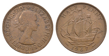 Великобритания 1/2 пенни 1967 Елизавета II (1952-2022) KM 896, Spink 4158 бронза 4663-132