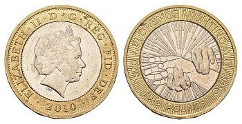 Великобритания 2 фунта 2010 Елизавета II (1952-2022), 100 лет со дня смерти Флоренс Найтингейл KM 1160, Spink K26 биметалл 4111-1114