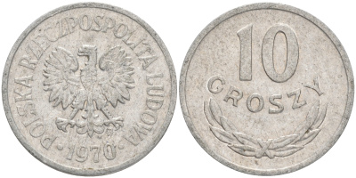 ПОЛЬША 10 ГРОШЕЙ 1970 MW KM АА47 алюминий VF-XF 4528-347