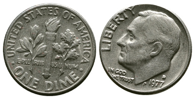 США 10 ЦЕНТОВ = 1 ДАЙМ 1977 D, РУЗВЕЛЬТ KM 195а медь плакированная медно-никелем 4383-467