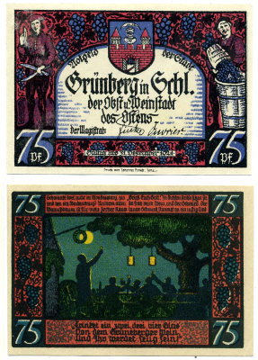 ГРЮНБЕРГ 75 ПФЕННИГОВ 1921 31 ДЕКАБРЯ 1921, НОТГЕЛЬД, НОМЕР I (TRINKEN EIN), ЗЕМЛЯ ГЕССЕН Grabowski 489.3 бумага 2193-14-2-2