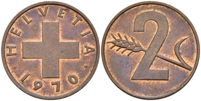 Швейцария 2 раппена 1970 KM 47 бронза 4592-715