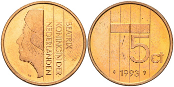 Нидерланды 5 центов 1993 Беатрикс (1980-2013) KM 202 бронза UNC 4116-253